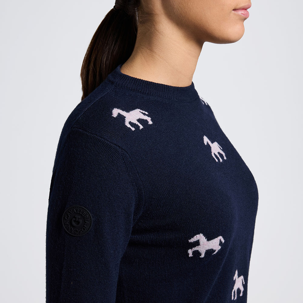 Pull col rond bleu marine avec imprimé de chevaux en rose pour fille -Cavalleria Toscana
