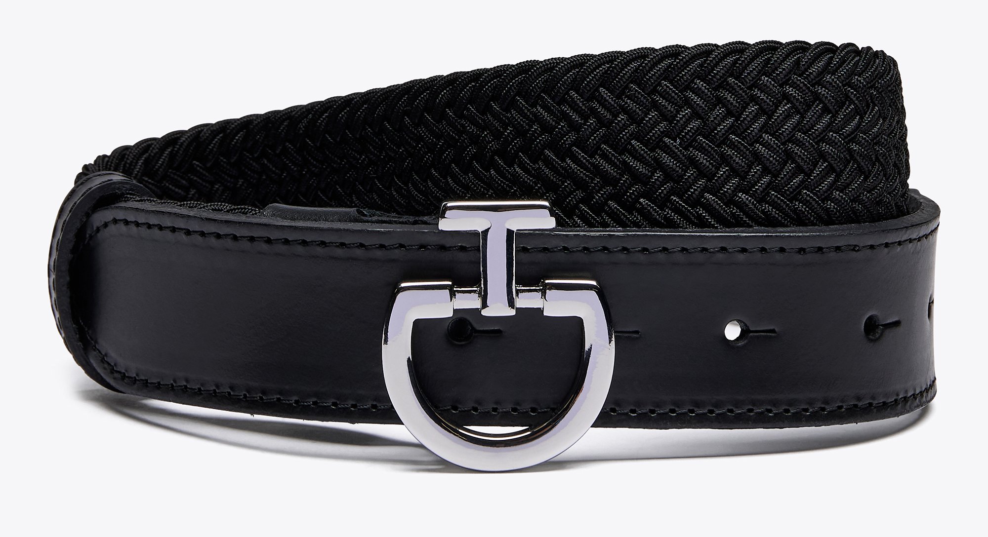 Women’s black braided elastic belt with metallic logo buckle - Cavalleria Toscana