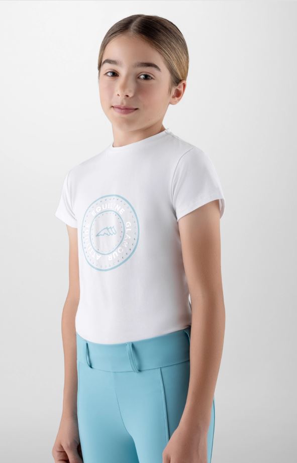 T-shirt blanc à manches courtes avec logo strass aigue-marine pour filles Galy - Equiline