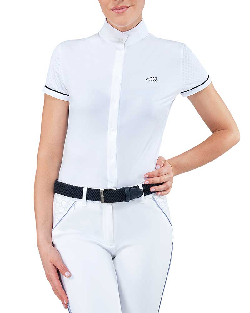 Chemise de compétition à manches courtes blanc avec manches de maille pour femme Cresida - Equiline