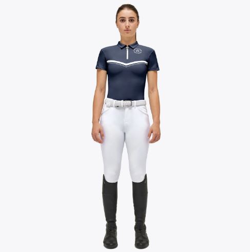 Training polo shirt with zipper and CT Orbit printed jersey short sleeve navy blue for girl- Cavalleria Toscana