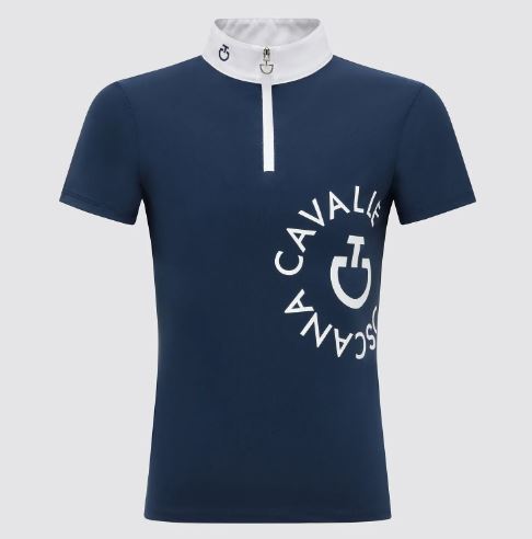 Polo de compétition bleu fumé à manches courtes avec le grand logo en haut à gauche pour fille - Cavalleria Toscana