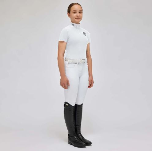Polo de compétition à manches courtes blanc avec el logo bleu marine pour fille - Cavalleria Toscana