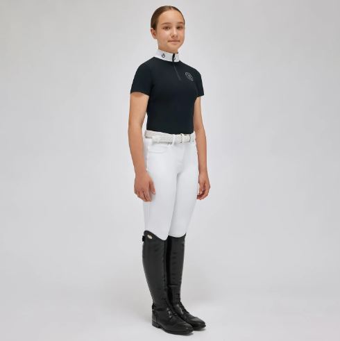 Polo de compétition à manches courtes bleu marine avec el logo blanc pour fille - Cavalleria Toscana