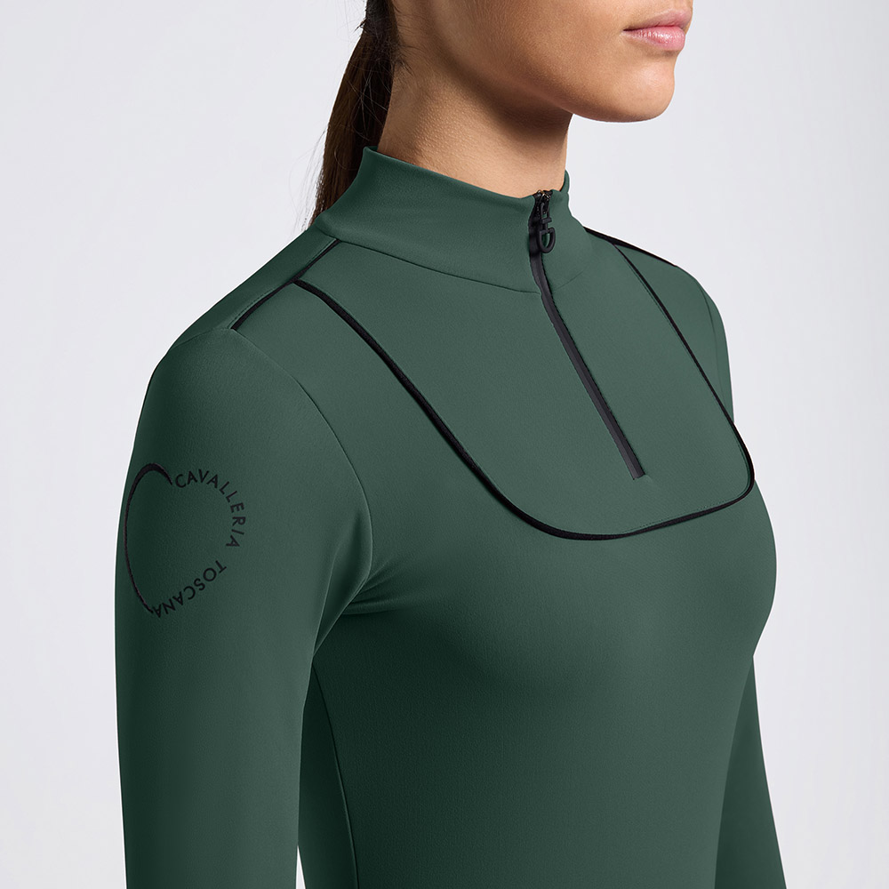 Girls' dark grey long-sleeve technical training polo with contrast piping on chest and shoulders - Cavalleria Toscana