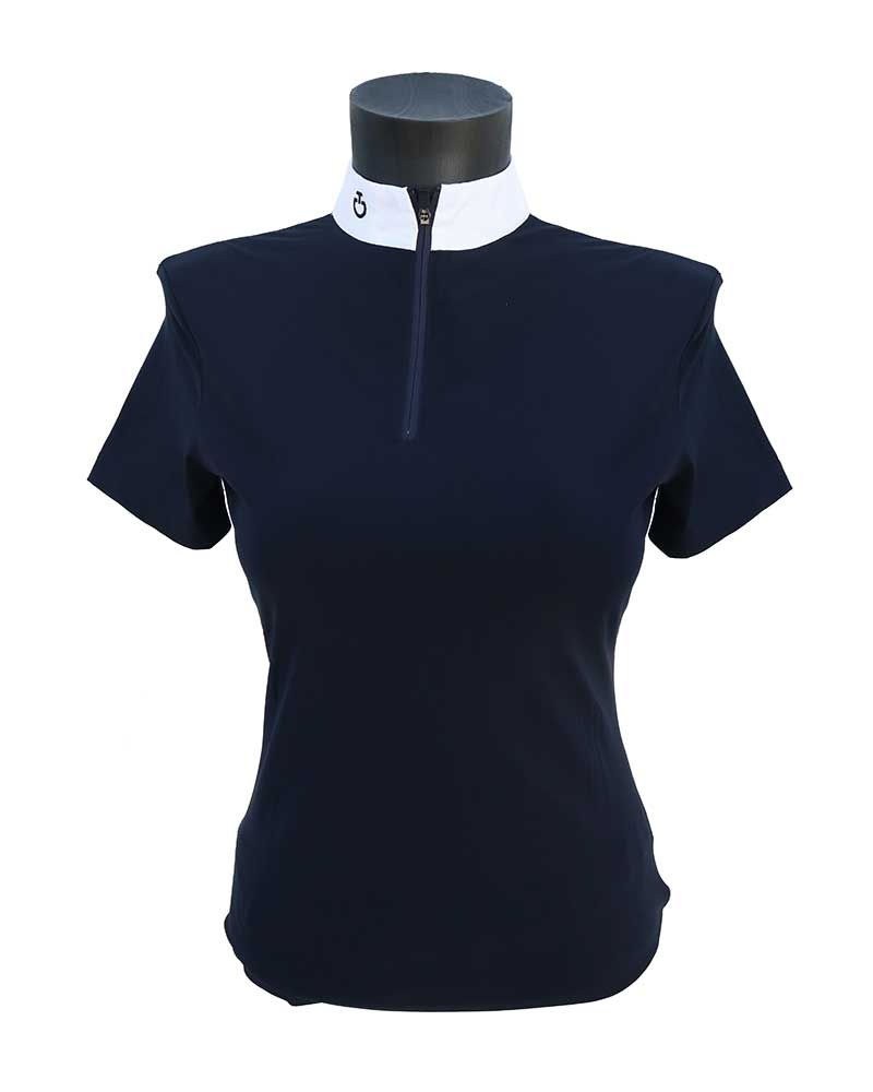 Polo de compétition à manches courtes bleu marine et espalda de maille blanc pour femme - Cavalleria Toscana Revolution