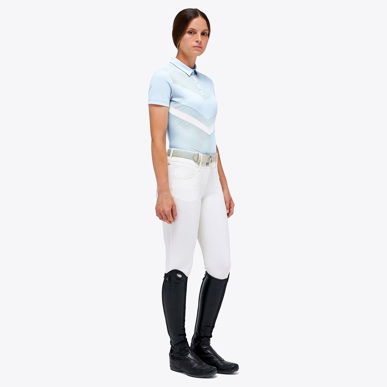 Polo de compétition de jersey perforé avec fermeture éclair et manches courtes bleu clair pour femme- Cavalleria Toscana