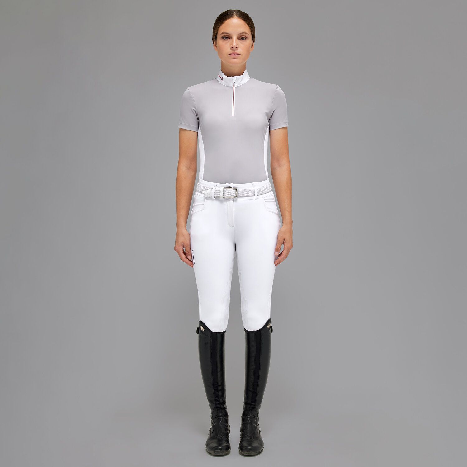 Polo de compétition gris à manches courtes et espalda de tissu fin tecnico pour femme - Cavalleria Toscana