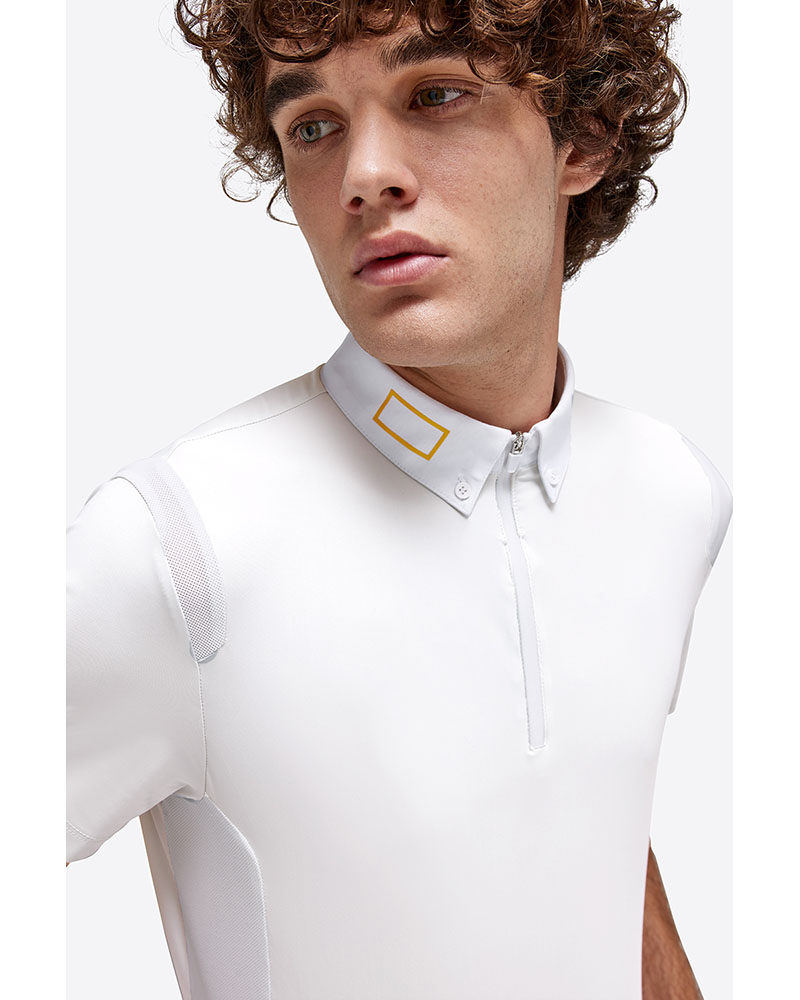 Polo de compétition à manches courtes blanc avec fermeture éclair pour homme - RG