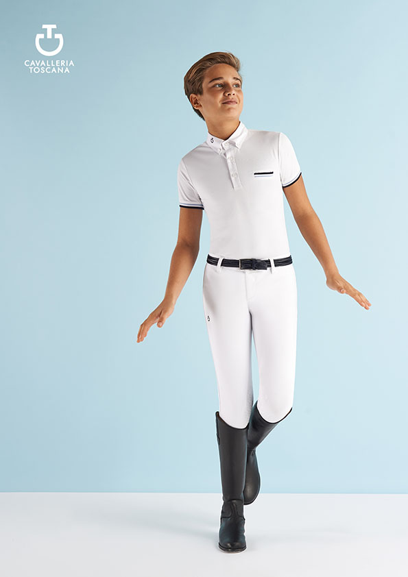 Polo de compétition à manches courtes en maille technique blanche pour garçon - Cavalleria Toscana