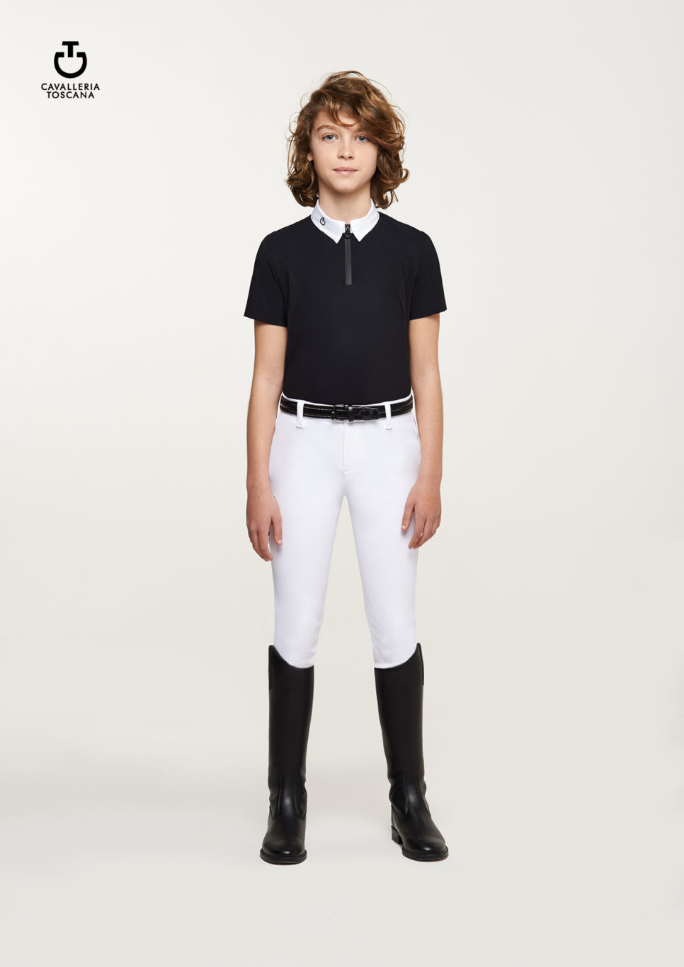 Polo de compétition à manches courtes noir avec axilas en maille pour garçon - Cavalleria Toscana