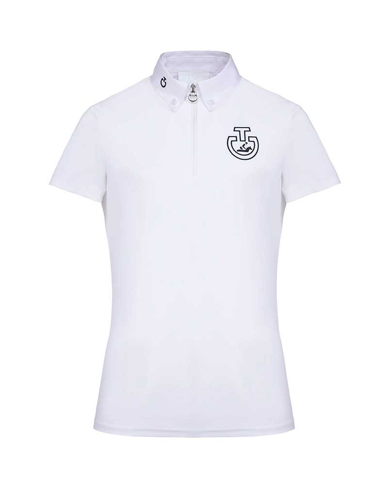 Polo de compétition à manches courtes blanc avec logo bleu marine pour garçon - Cavalleria Toscana