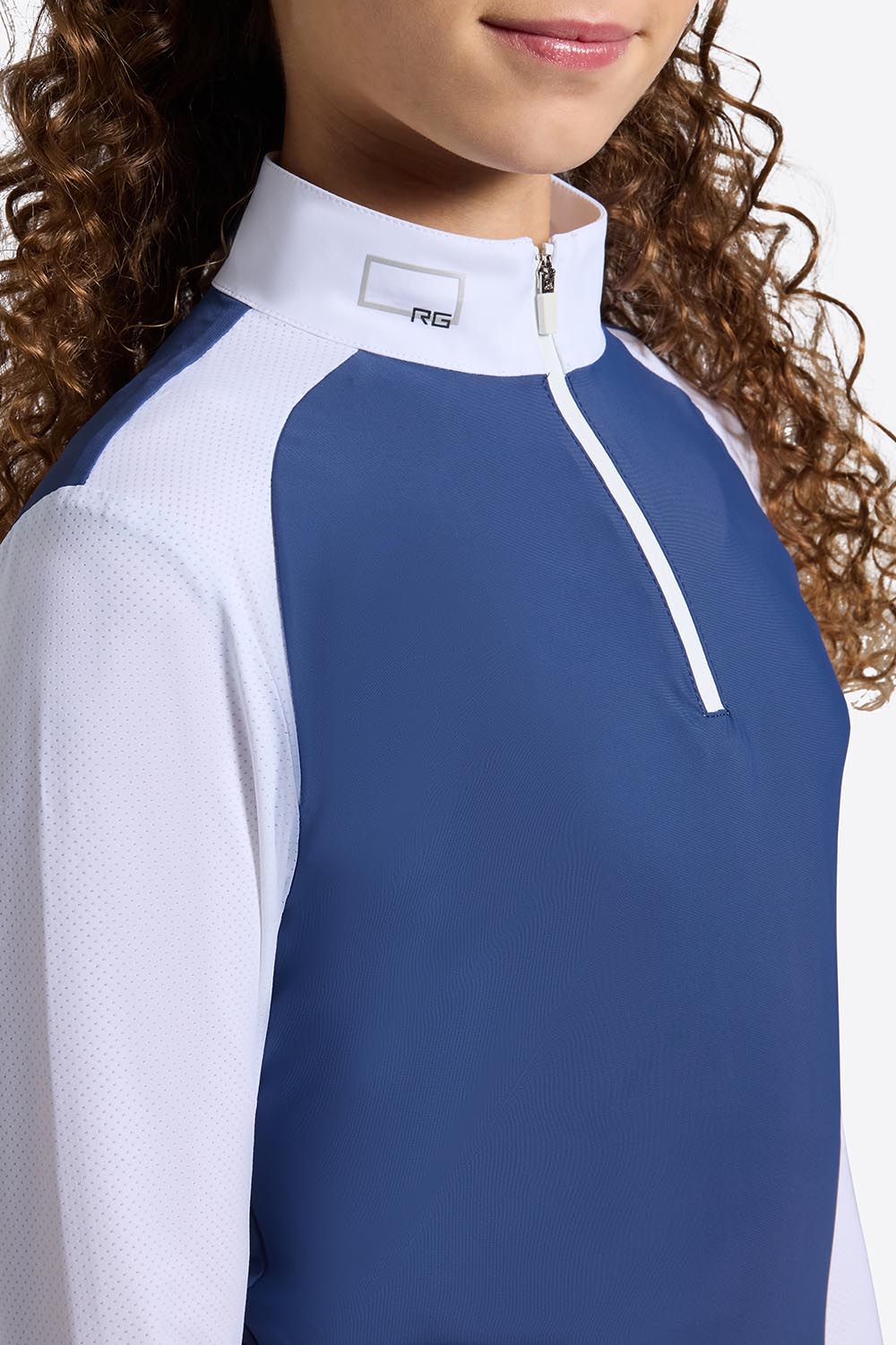 Polo de concurso de manga larga azul marino y blanco con media cremallera para niña - RG