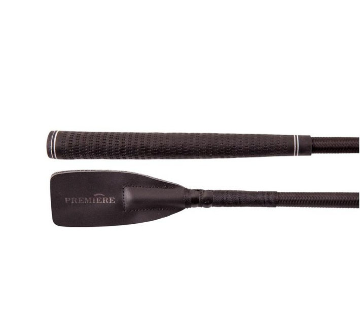 Black jumping crop (60cm) with rubber handle and leather flap by Premiere