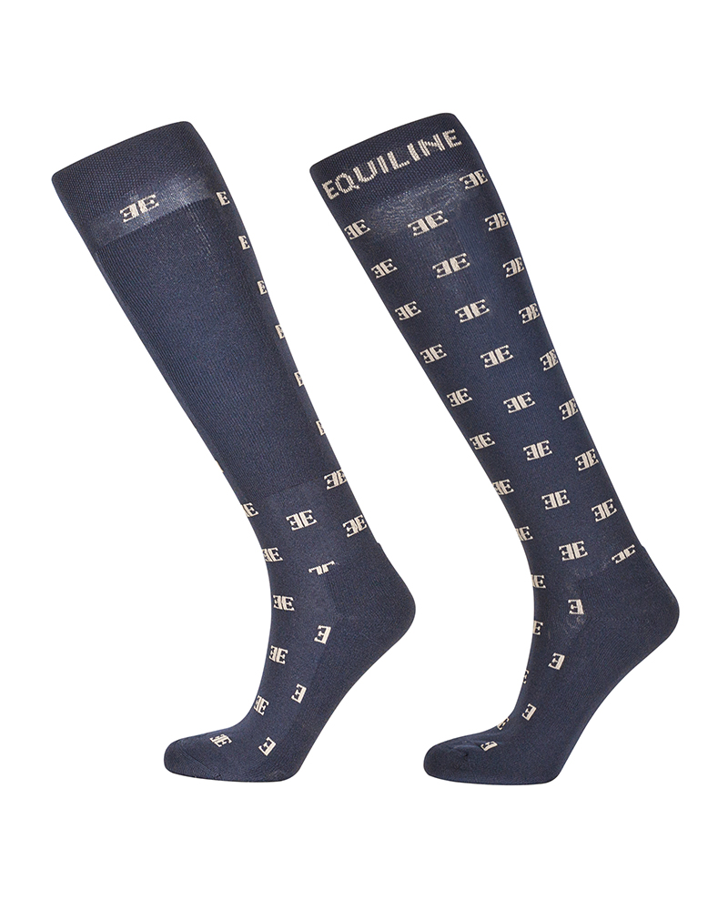Navy knee-high riding socks with beige logo Elinore - Equiline