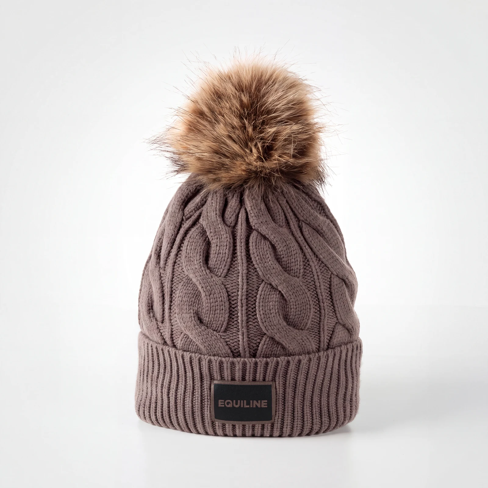 Greige cable-knit pom-pom hat for women EQGAT - Equiline