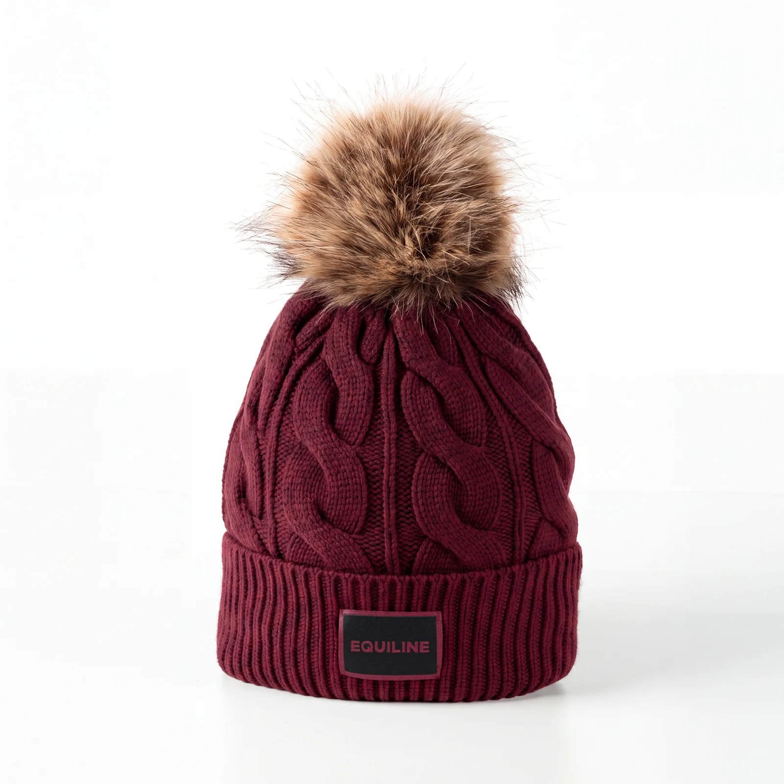 Red (Alpine Plum) cable-knit pom-pom hat for women EQGAT - Equiline
