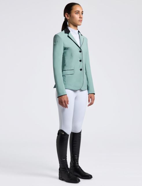 Veste de concours verte avec col Alcantara et passepoils en contraste sur les bords pour fille - GP-Cavalleria Toscana
