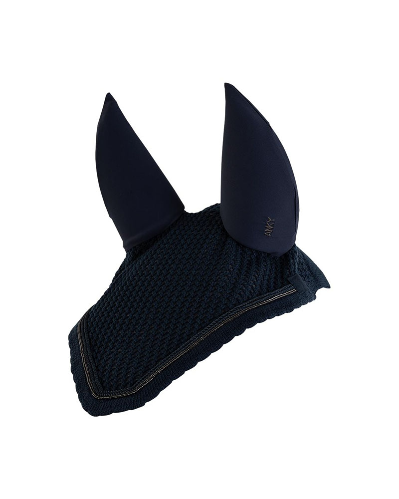 Bonnet bleu marine avec détails sur les bords et oreilles anti-bruit optionnelles pour cheval - ANKY