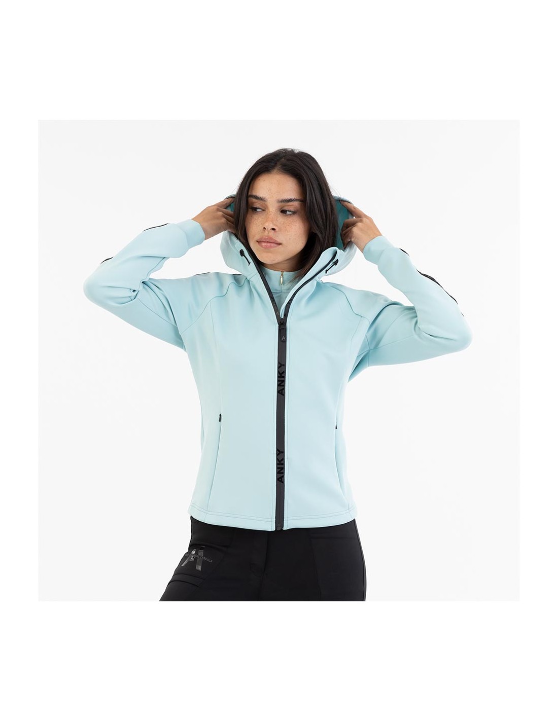 Technical jacket with hood in turquoise blue with black details for women - ANKY