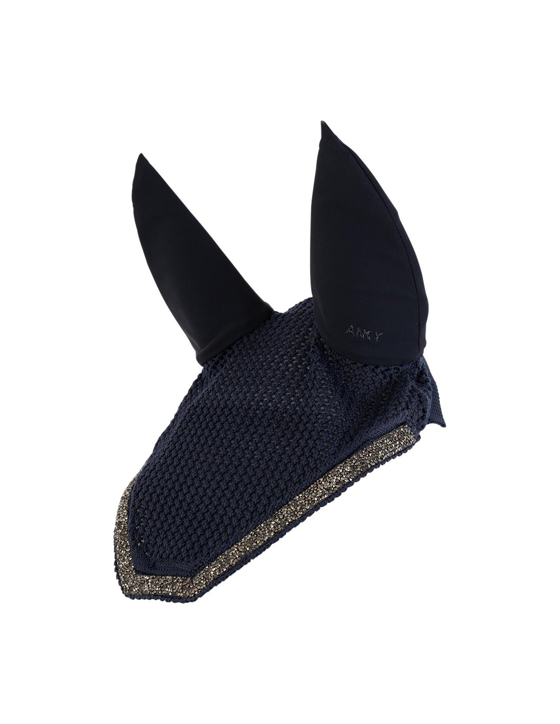 Bonnet en crochet bleu marine décoré de strass et oreilles en néoprène amovibles pour cheval - ANKY