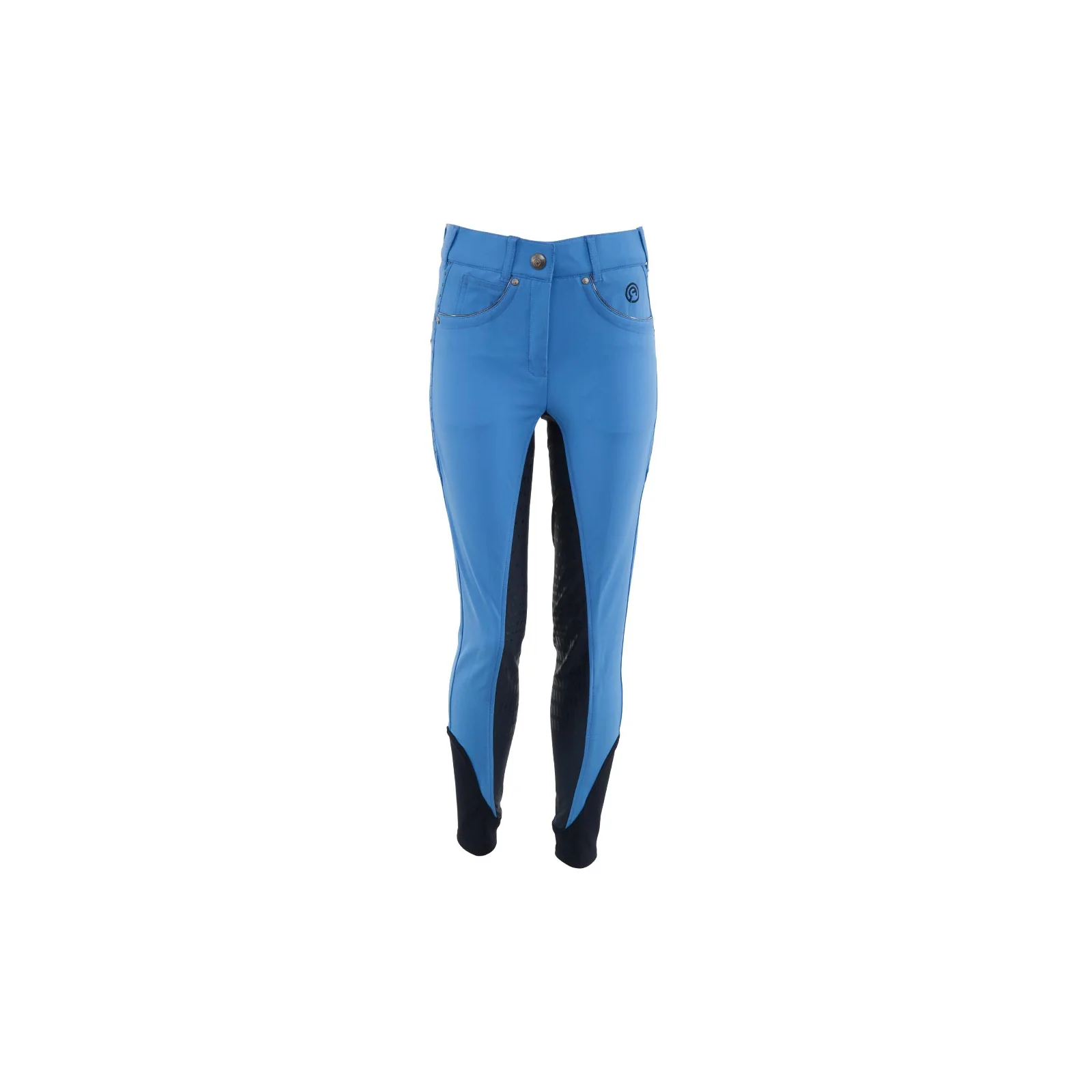 Blue full-grip riding breeches with navy grip and rhinestone details on the sides for girls - Anky