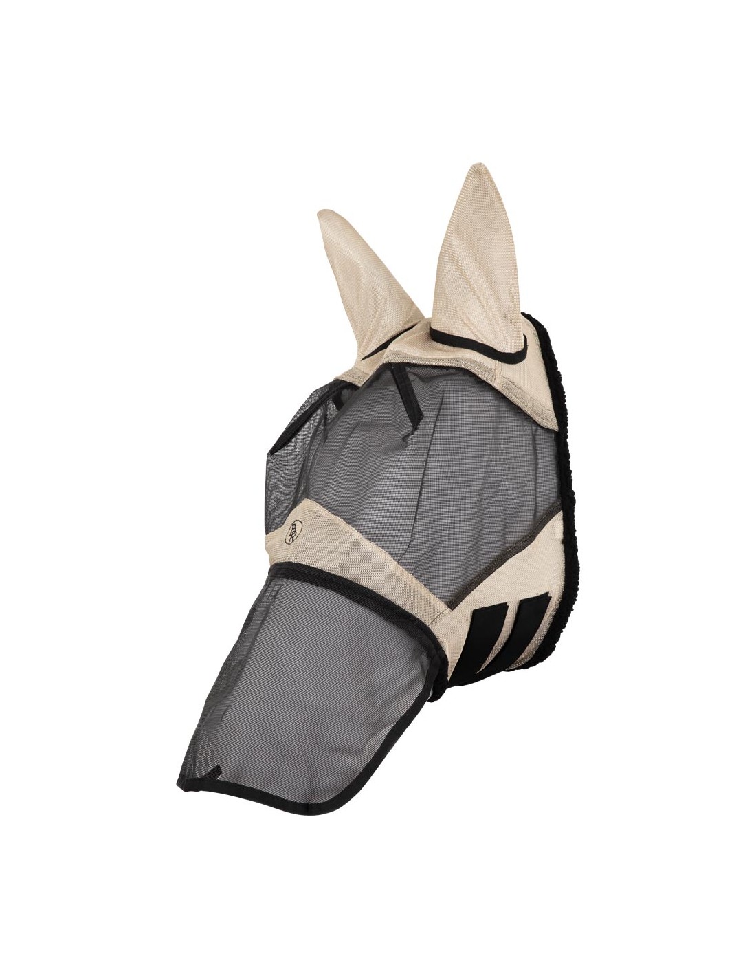 Máscara antimoscas transpirable negra y dorada con orejeras de malla y cierre de velcro para caballo y pony - BR