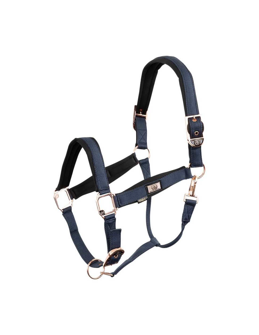 Licol d'écurie bleu marine avec boucles or rose pour cheval et/ou poney Halter - BR