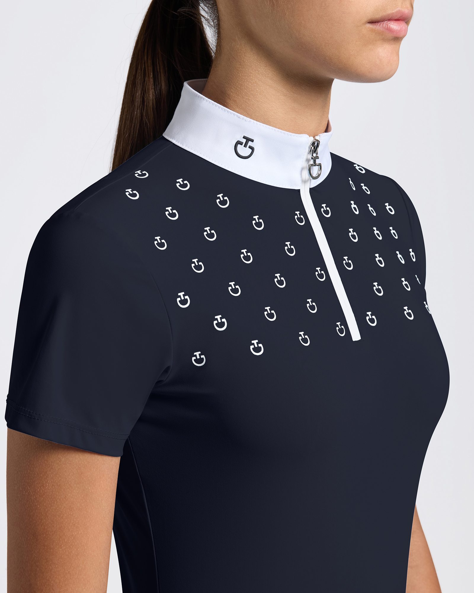 Polo de compétition bleu marine à manches courtes avec logo blanc imprimé pour fille - Cavalleria Toscana