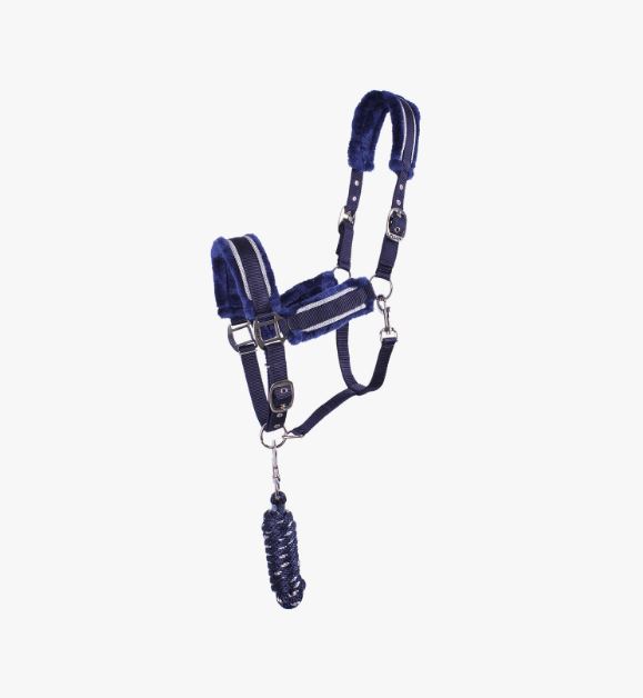 Cabezada de cuadra con ramal azul marino con pelo sintético para caballo - Dolci - QHP