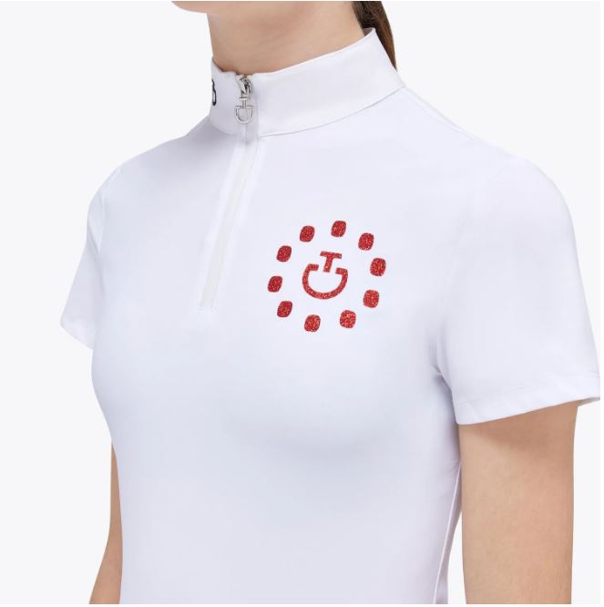 Polo de competicion pour fille à manches courtes en blanc avec el logo en rouge à paillettes - Cavalleria Toscana