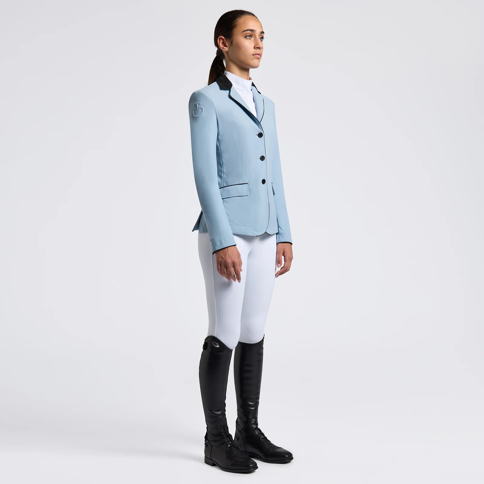 Light blue show jacket with alcantara collar and contrasting trims for girl GP - Cavalleria Toscana