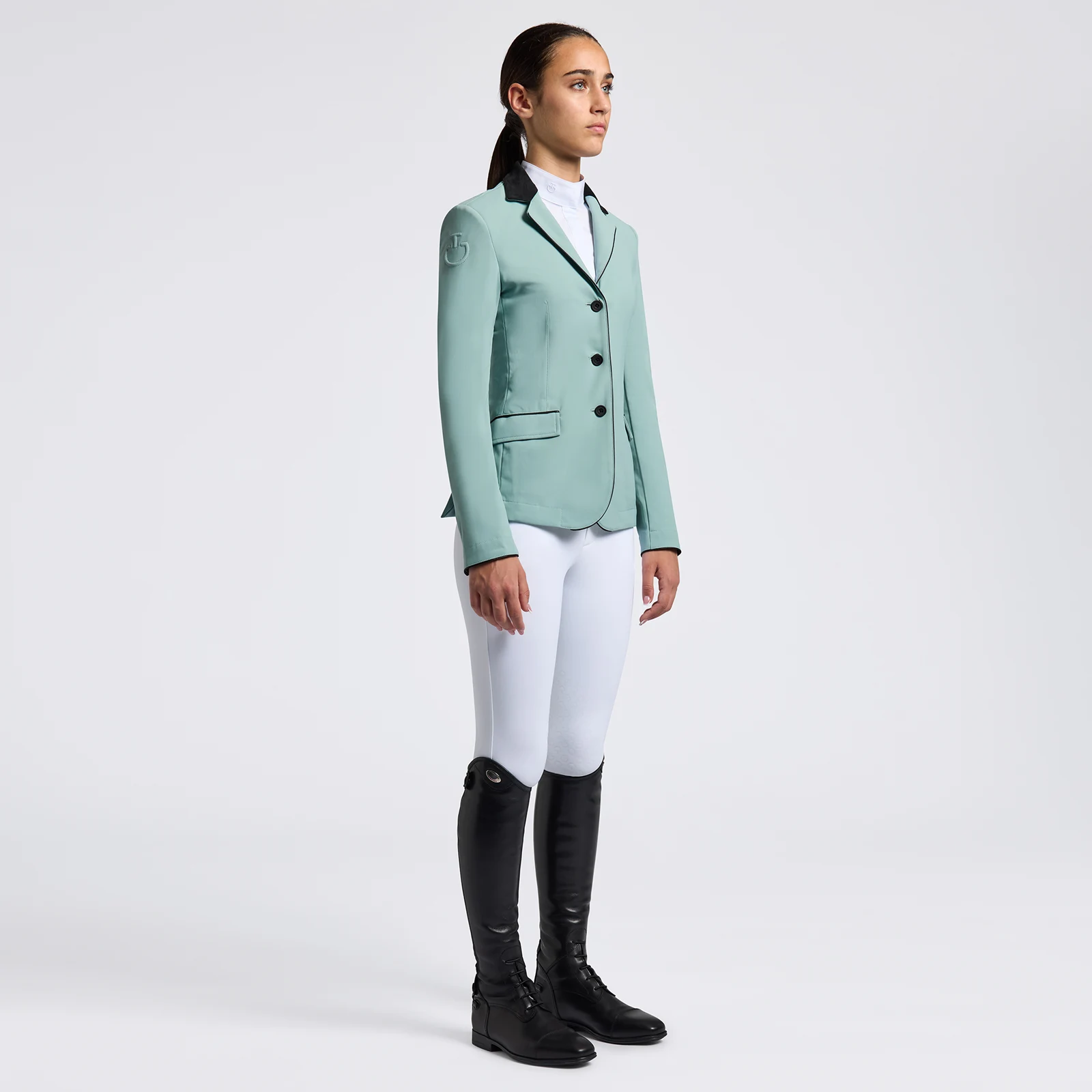Green show jacket with alcantara collar and contrasting trims on the edges for girl GP - Cavalleria Toscana