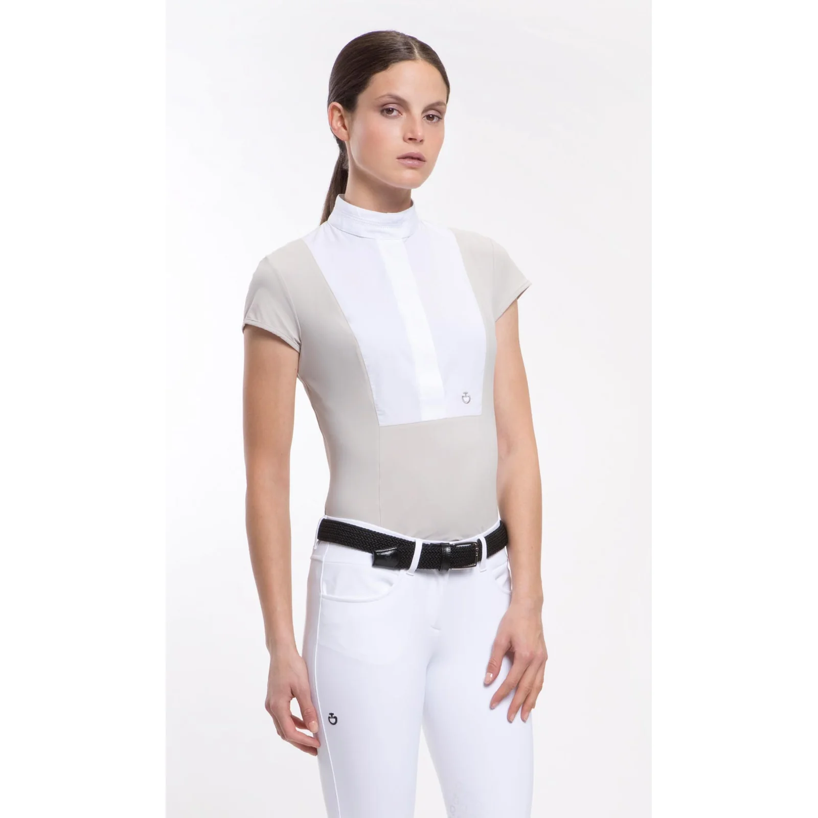 Camisa de competición de manga corta beige y blanca para mujer - Cavalleria Toscana