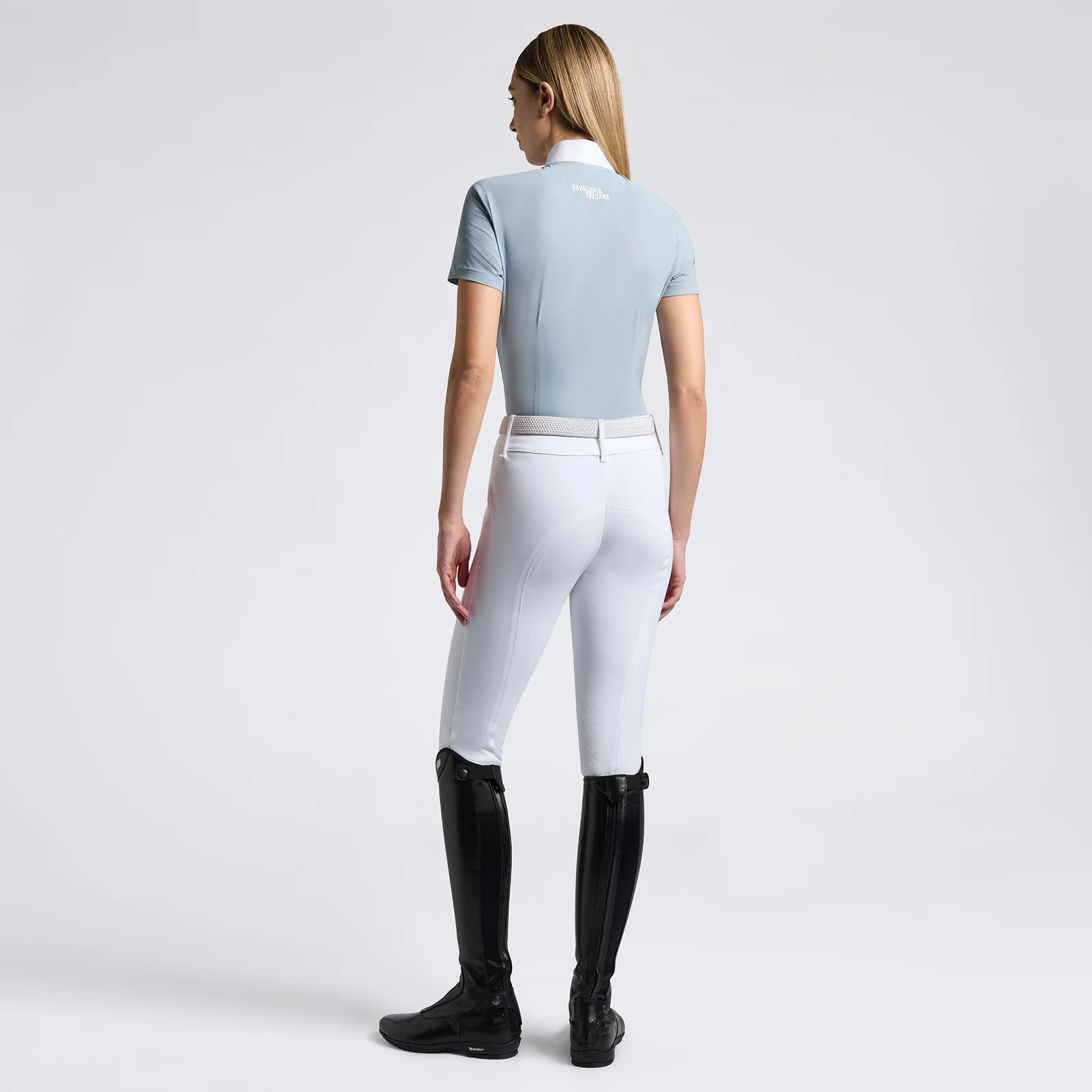 Light blue short-sleeve competition shirt with perforated jersey inserts and zipper for women - Cavalleria Toscana