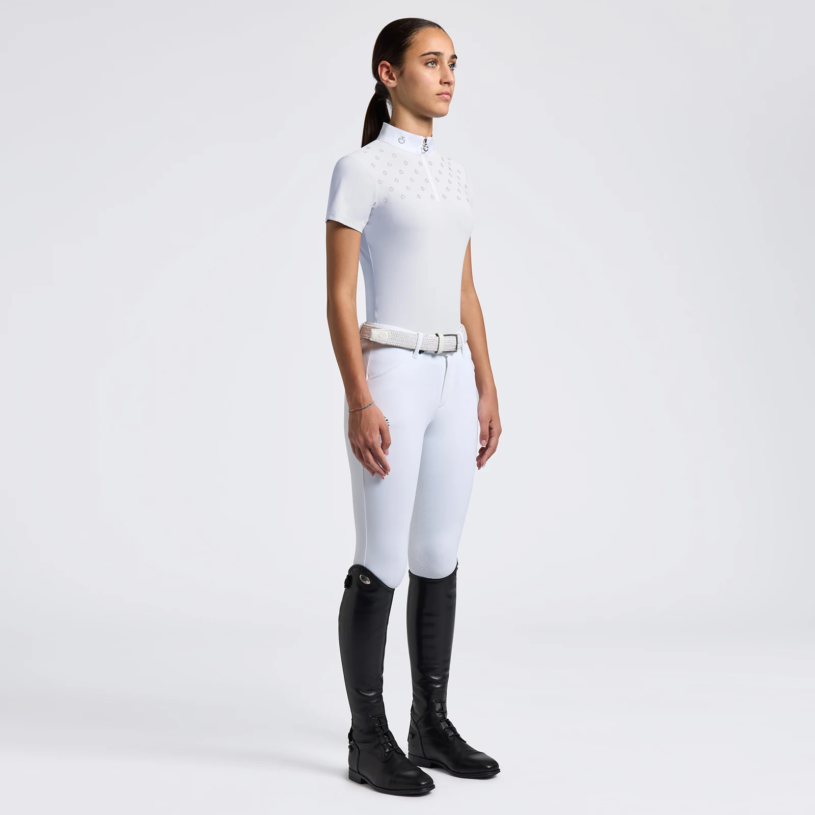 Polo de competicion à manches courtes blanche avec imprimé du logo gris clair pour fille - Cavalleria Toscana