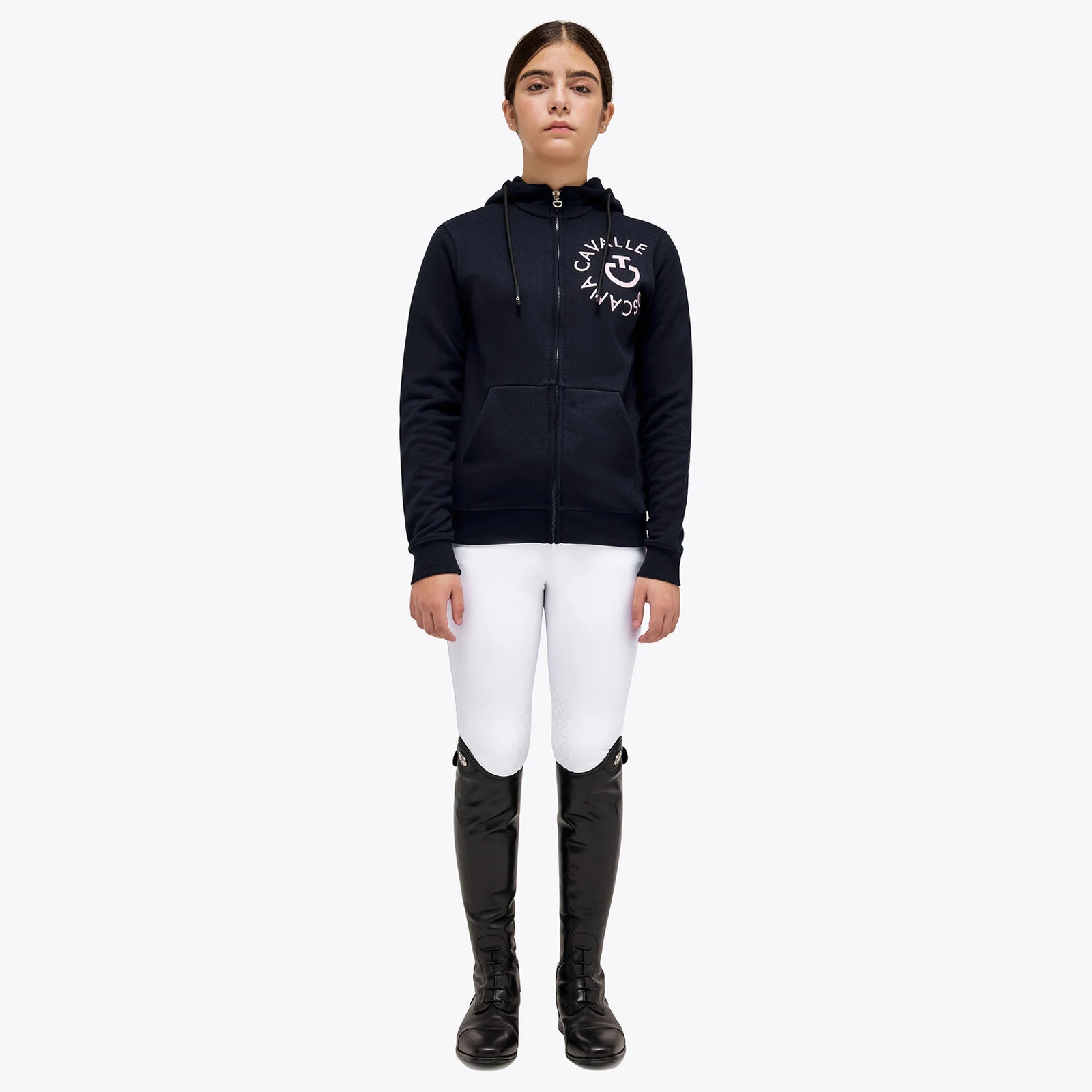 Chaqueta azul marino con el logo grande en rosa palo con capucha y cremallera junior - Cavalleria Toscana
