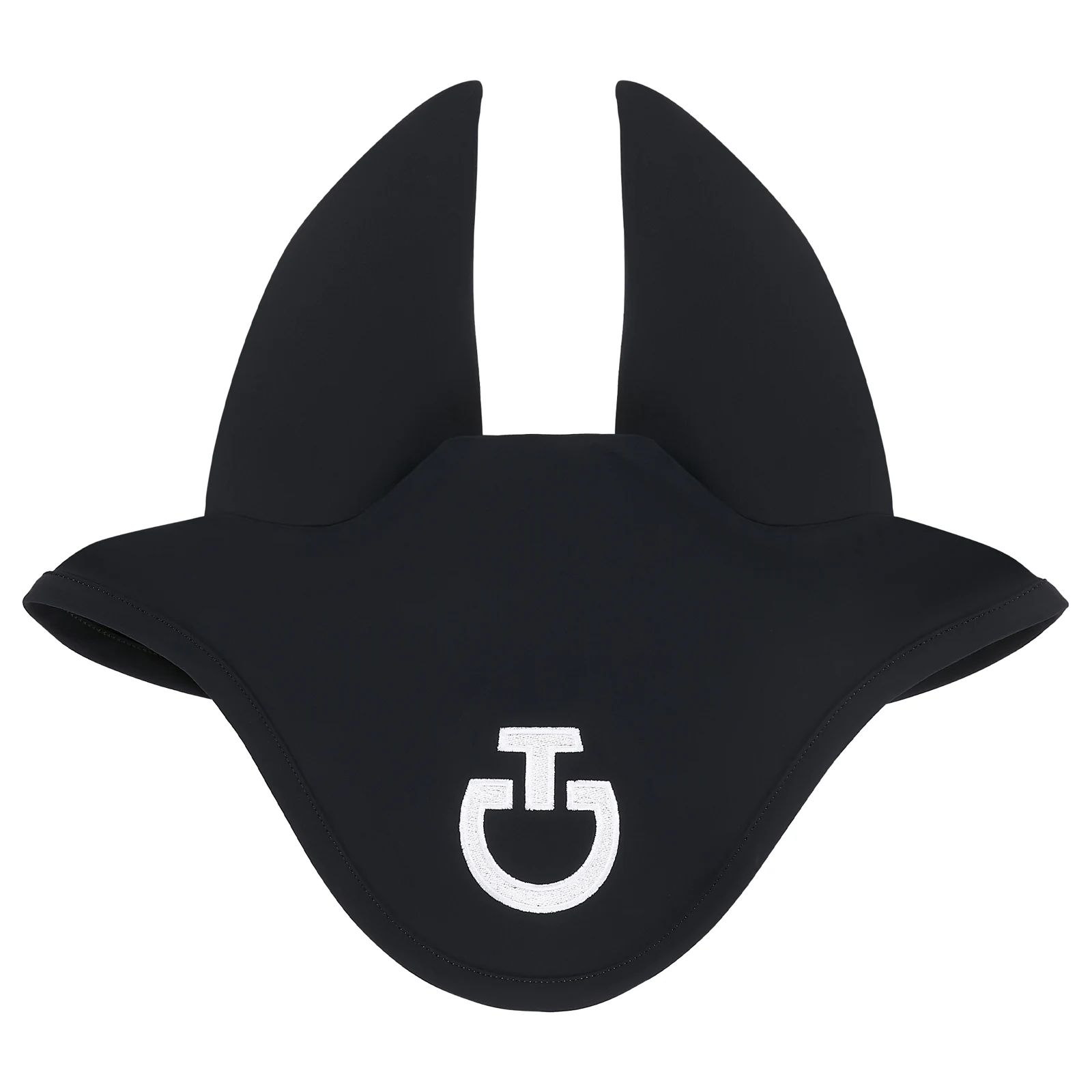 Dark navy noise-reducing ear bonnet with white embroidered logo on the front for horse - Cavalleria Toscana
