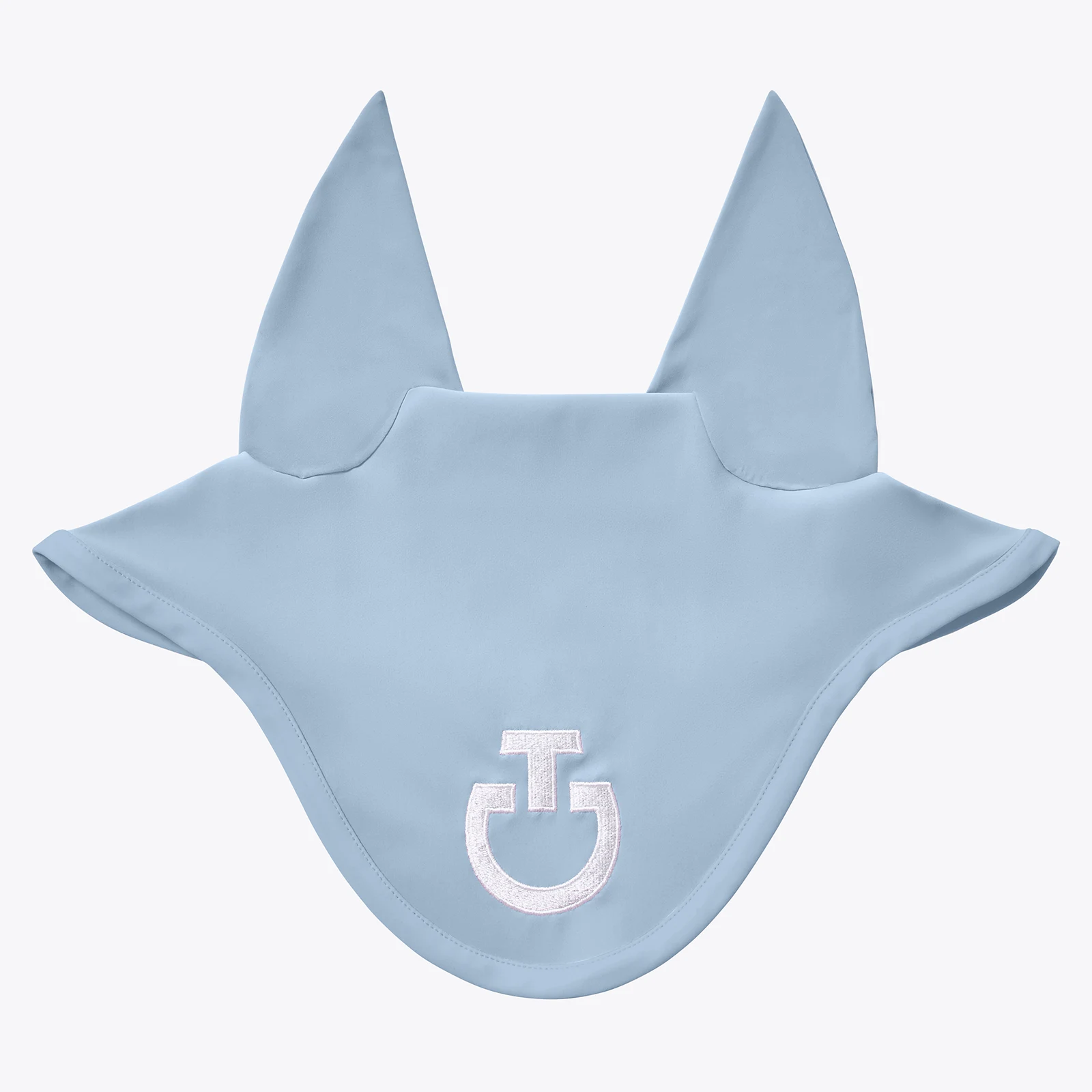 Light blue (Blue Mist) ear bonnet with white logo and fine elastic ears for horse and pony - Cavalleria Toscana