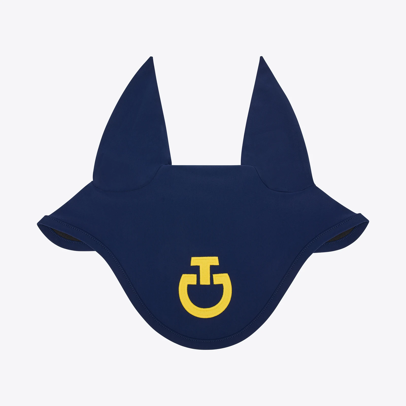 Indigo blue ear bonnet with yellow logo and fine elastic ears for horse and pony - Cavalleria Toscana