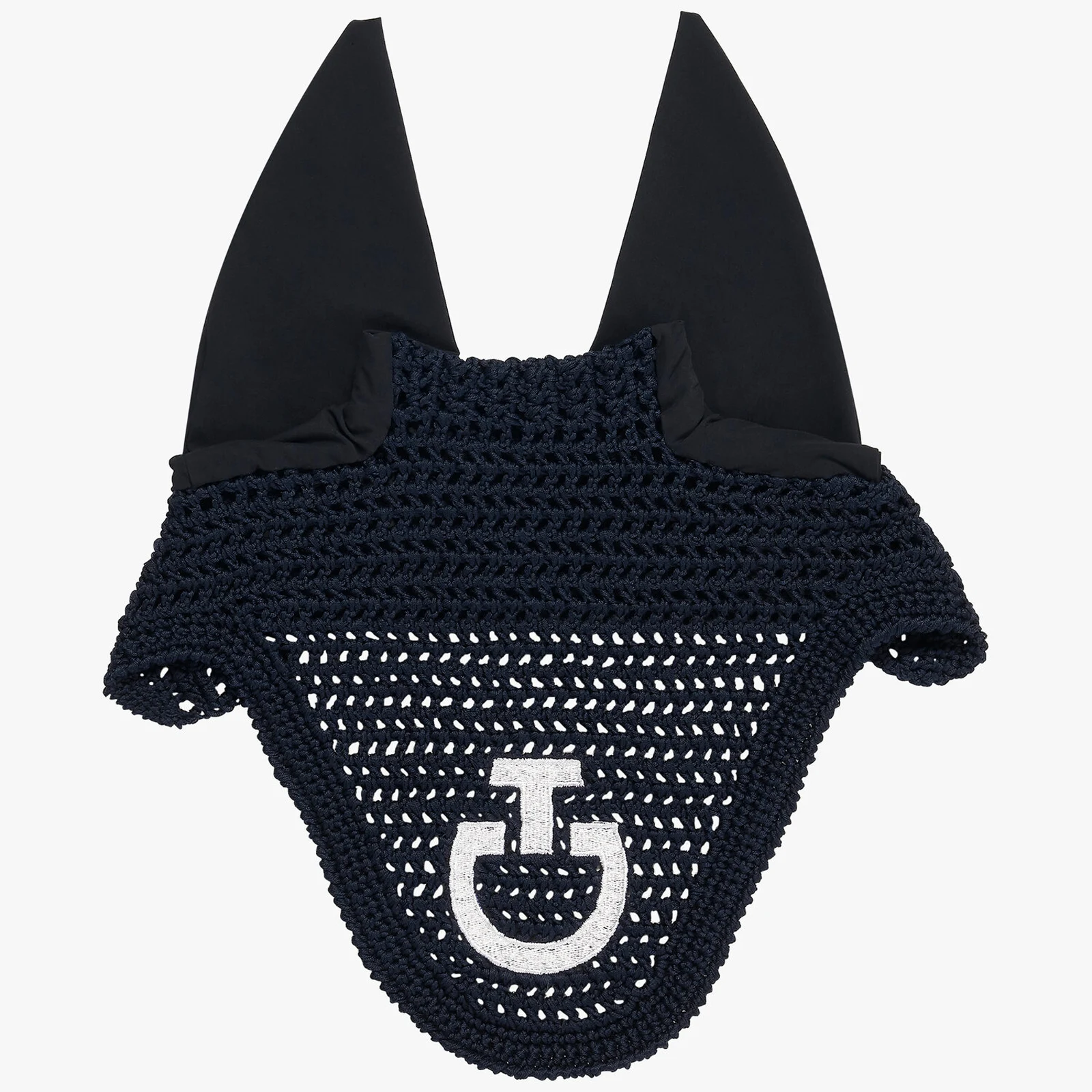 Navy blue crochet earmuffs with white logo with thin elastic ears for horse and pony - Cavalleria Toscana