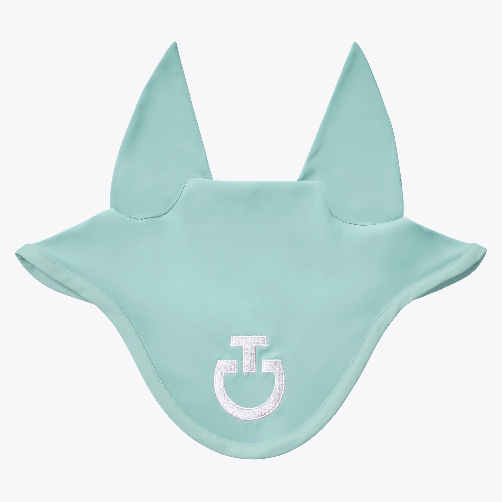 Light green ear bonnet with white logo and fine elastic ears for horse and pony - Cavalleria Toscana