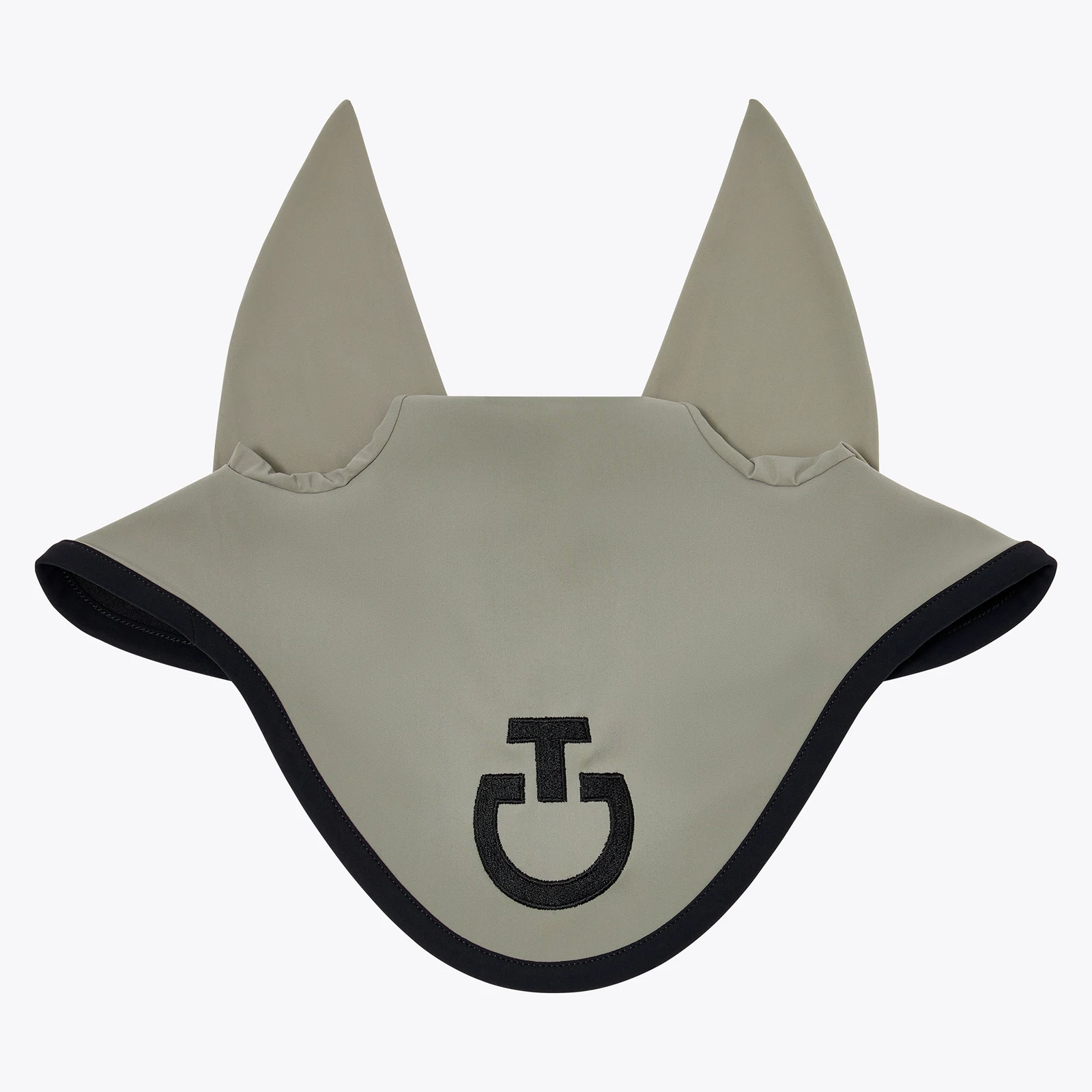 Greenish ear bonnet with embroidered logo, black trim and fine elastic ears for horse and pony - Cavalleria Toscana