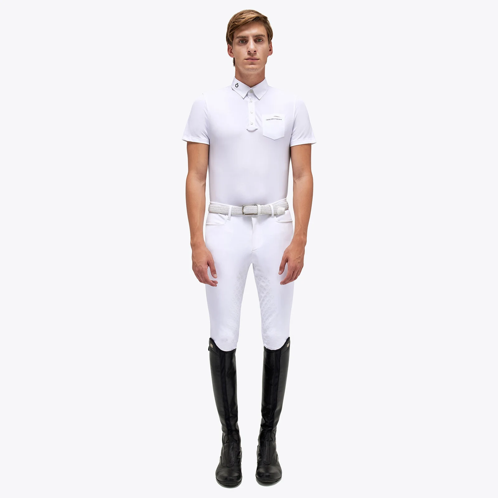 Basic white short-sleeved competition polo with pocket for men - Cavalleria Toscana