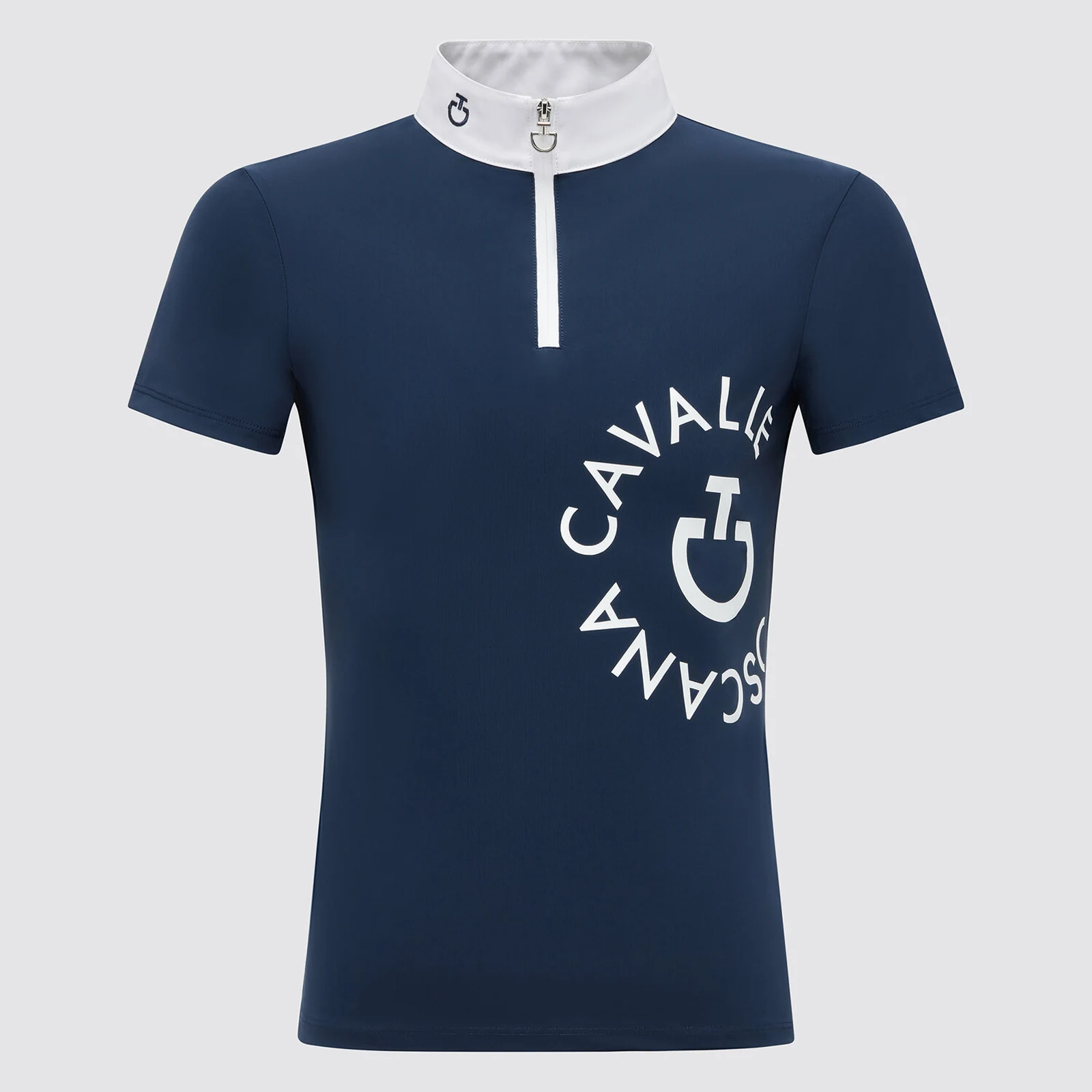 Short-sleeved smoky blue competition polo shirt with large logo on the upper left for girls - Cavalleria Toscana