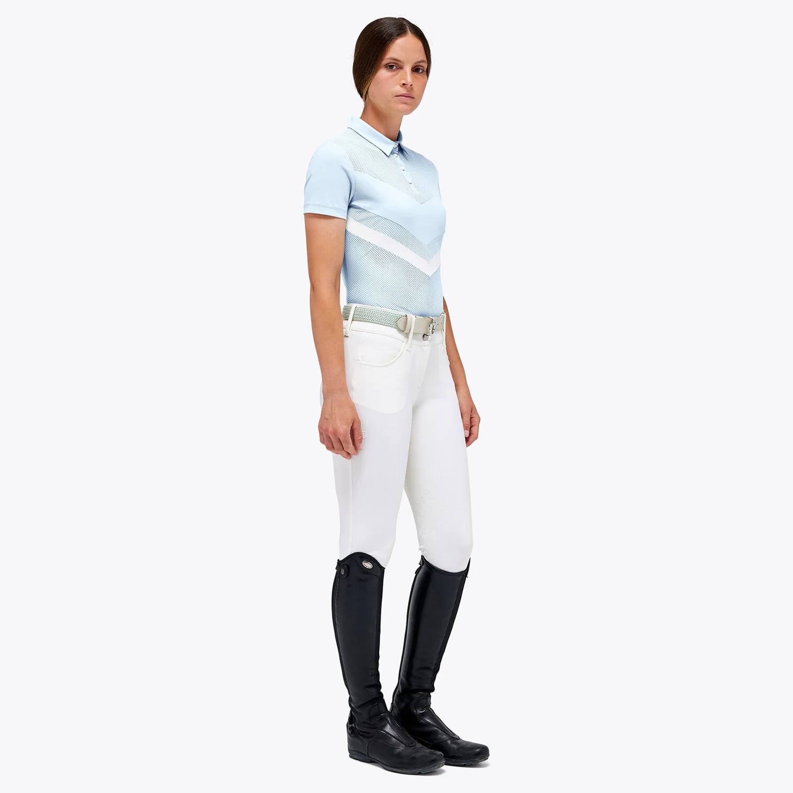 Polo de competición de jersey perforado con cremallera y manga corta color azul claro para mujer - Cavalleria Toscana