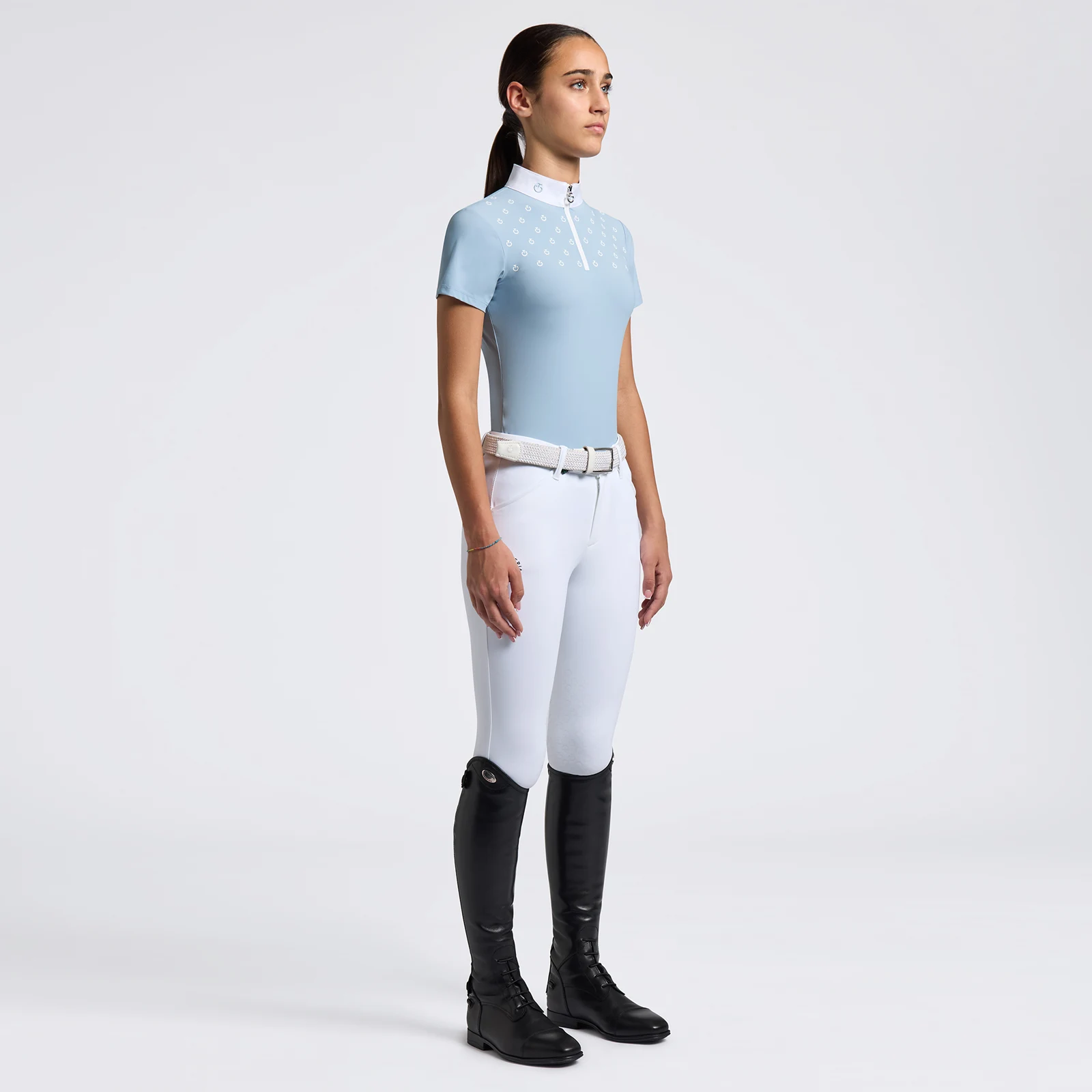 Polo de competicion de manga corta azul celeste con estampado del logotipo en blanco para niña - Cavalleria Toscana