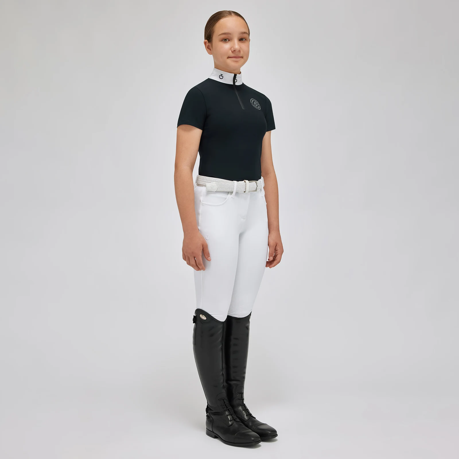 Polo de competición de manga corta azul marino con el logo blanco para niña - Cavalleria Toscana