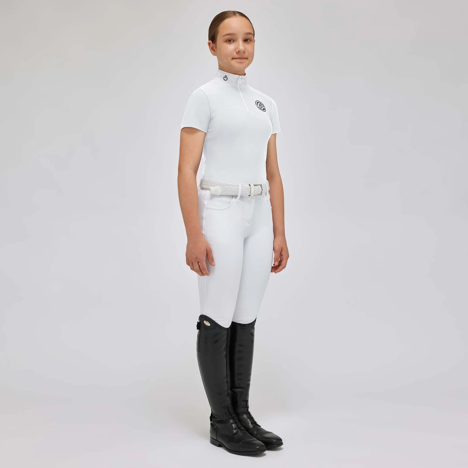 White short-sleeved competition polo with navy blue logo for girls - Cavalleria Toscana