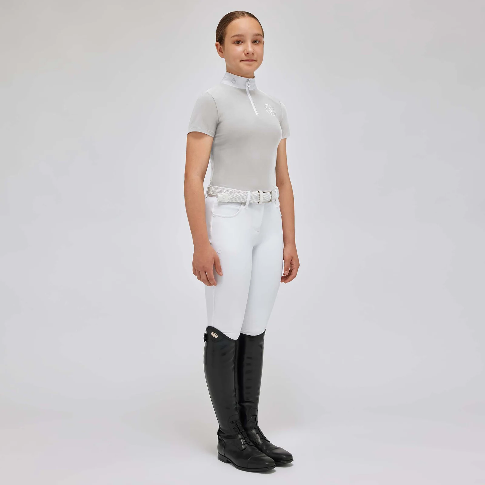 Polo de competición de manga corta gris claro con el logo blanco para niña - Cavalleria Toscana